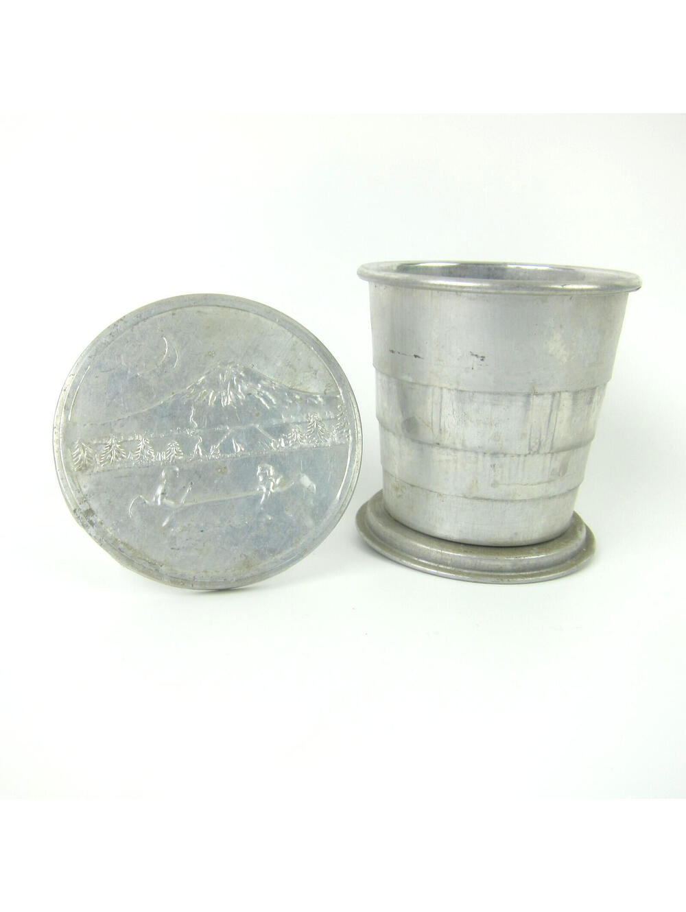 Vintage Collapsible Aluminum Cup Boy Scouts Canoe Lake Camp Fire Mountain Moon
